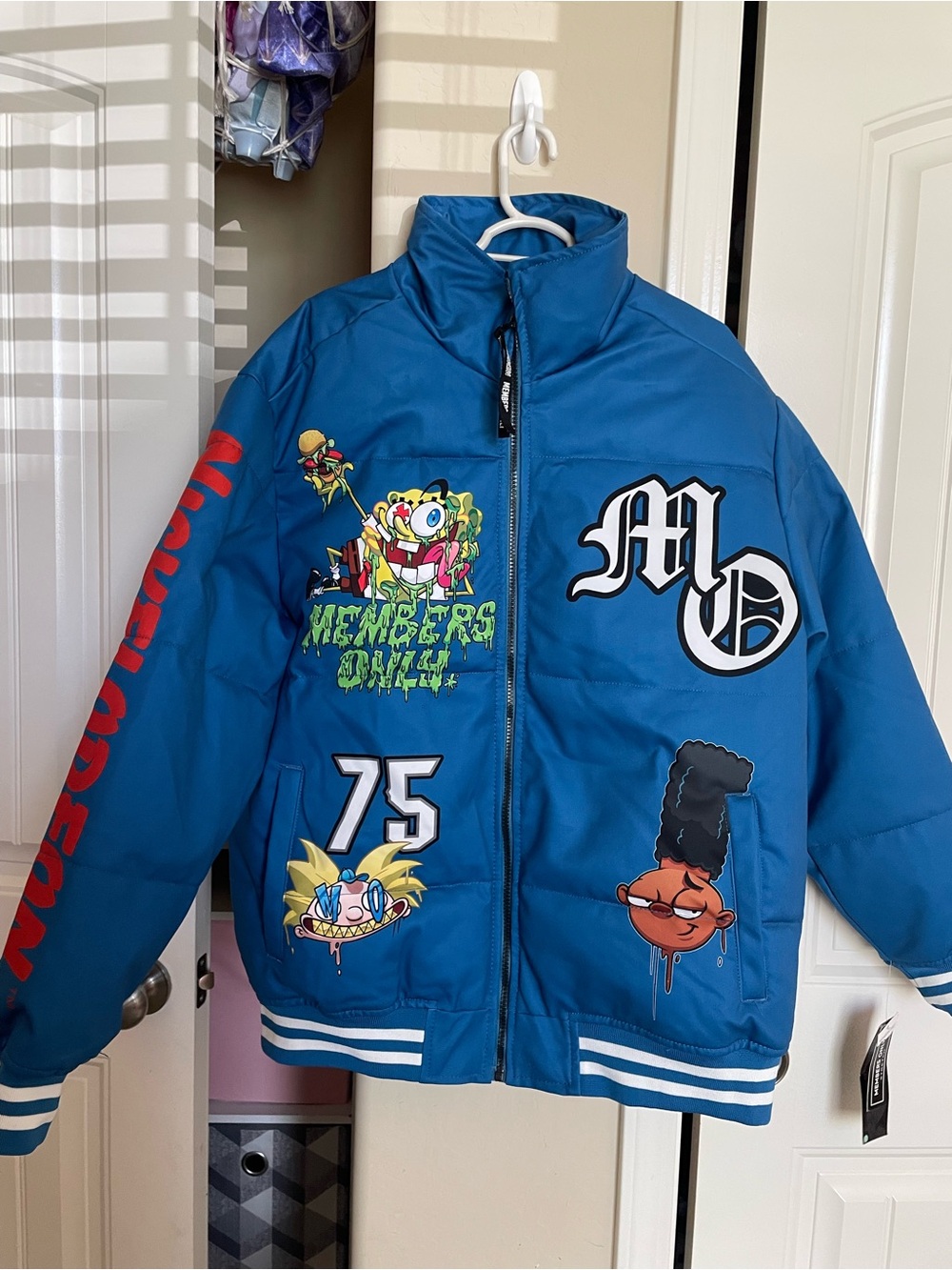 Members Only Blue Graphic Bomber Jacket with Red Sleeve Lettering